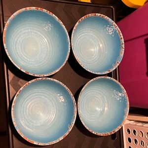 Williams Sonoma Aqua Blue Melamine cereal Bowls with Rust Trim, Set of 4